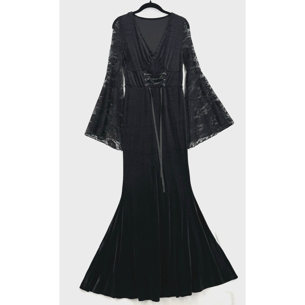 Elvira Black Velvet Maxi Dress S Lace Bell Sleeve Corset Goth Witchy Whimsygoth